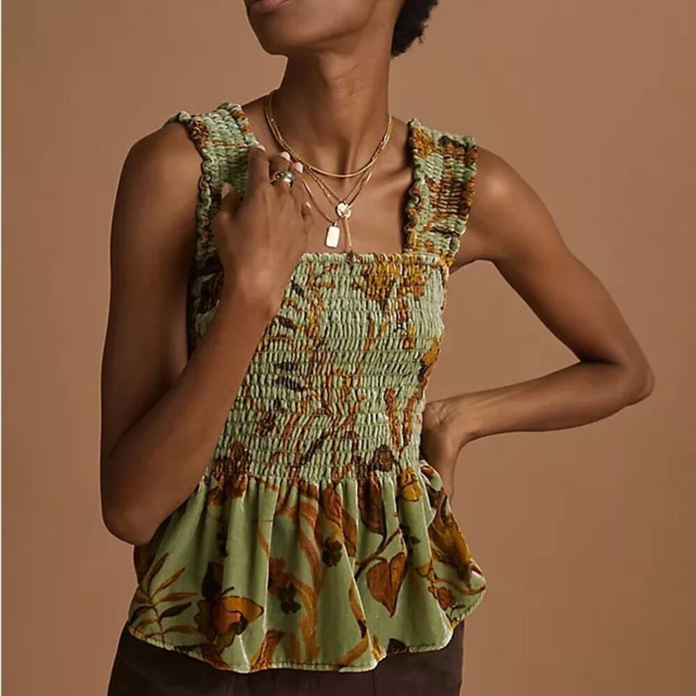 NEW Anthropologie Smocked Velvet Babydoll Top Womens XL Green Fall Foliage Print